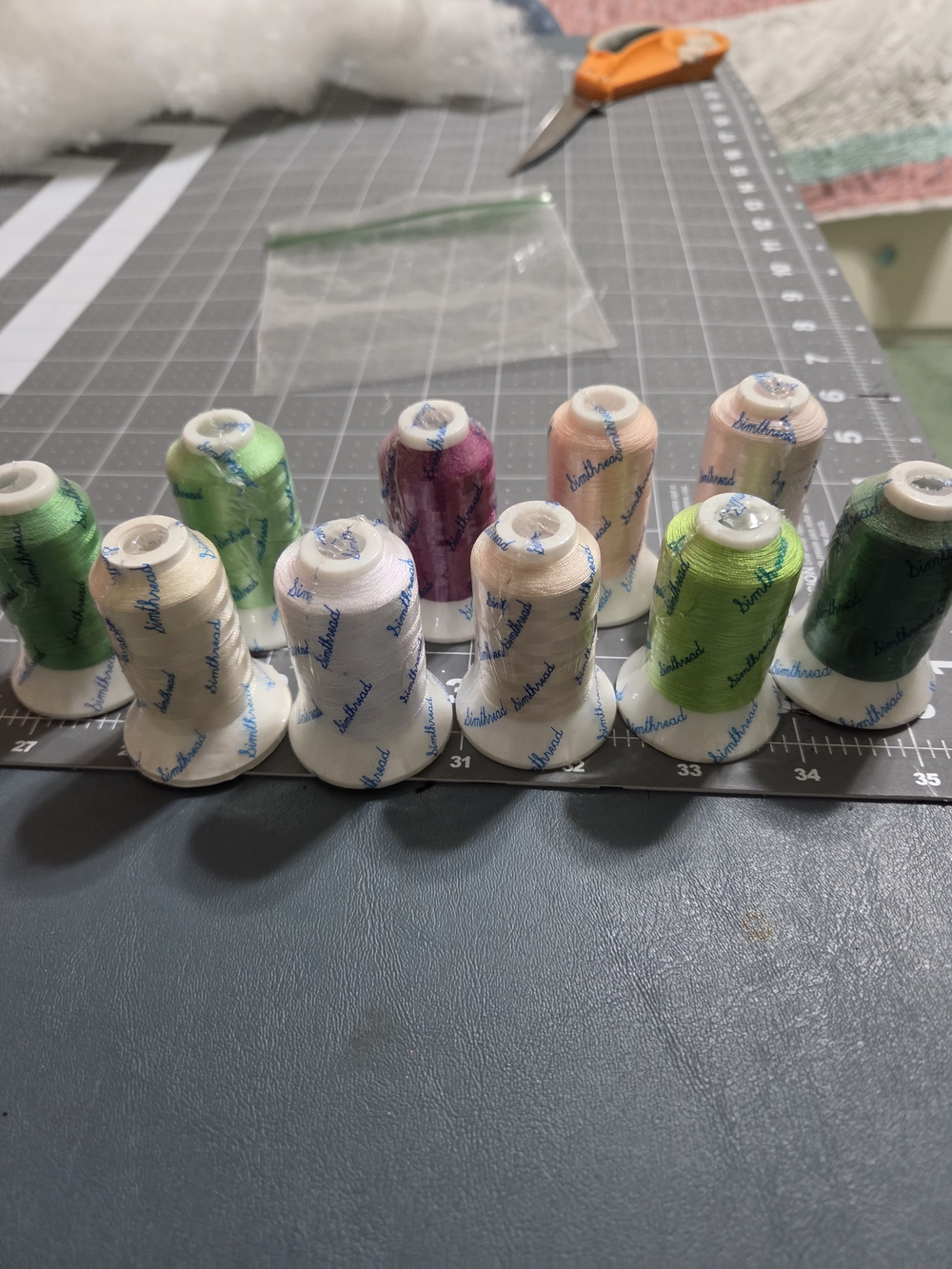 Brother Embroidery Thread Spools in Green, Cream, Pink & White